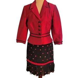 Kay Unger Pink Silk Skirt Set 8 Vintage Embroidered Polka Dot Pink Black Pleated